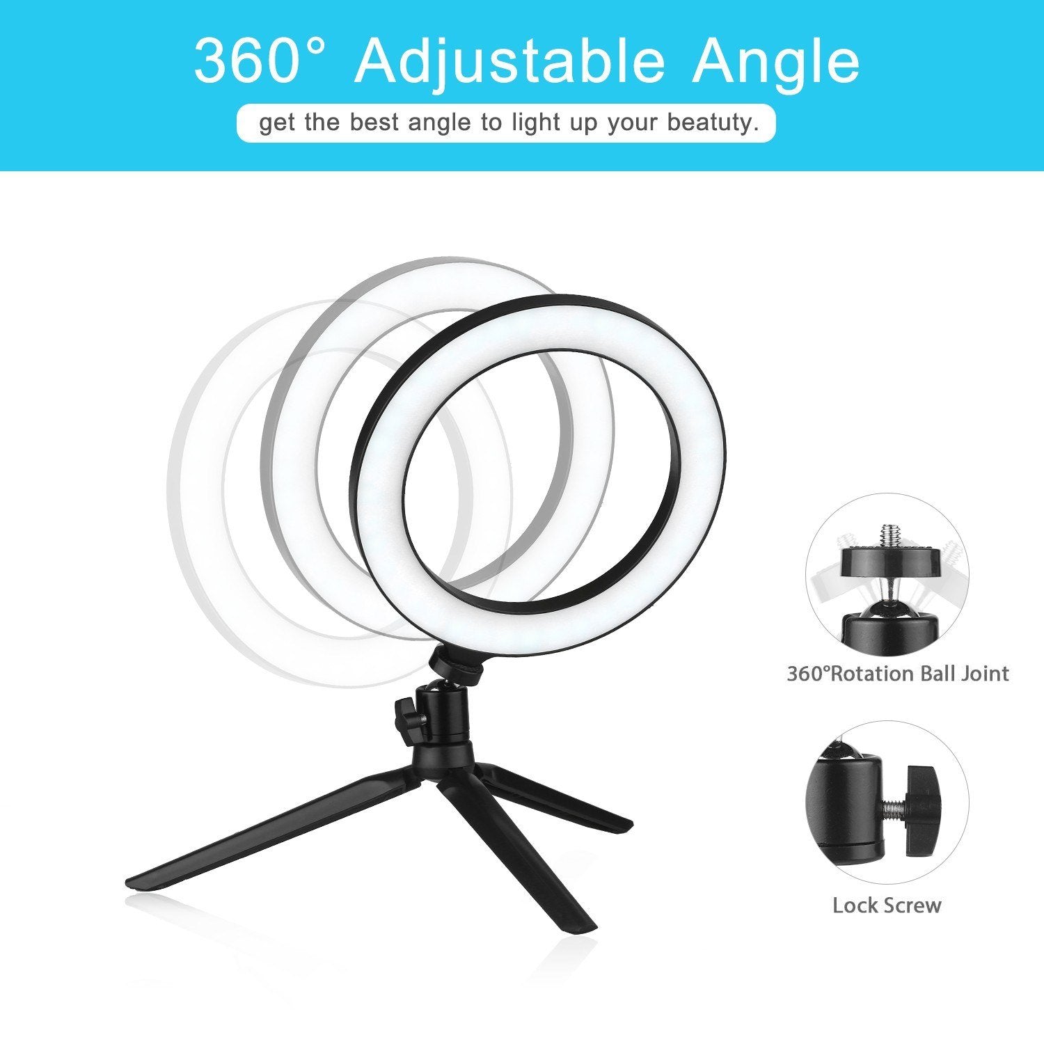 8inch Ring Light with Adjustable Tripod Stand Dimmable Selfie Makeup Ringlights for Video Live Stream Photography