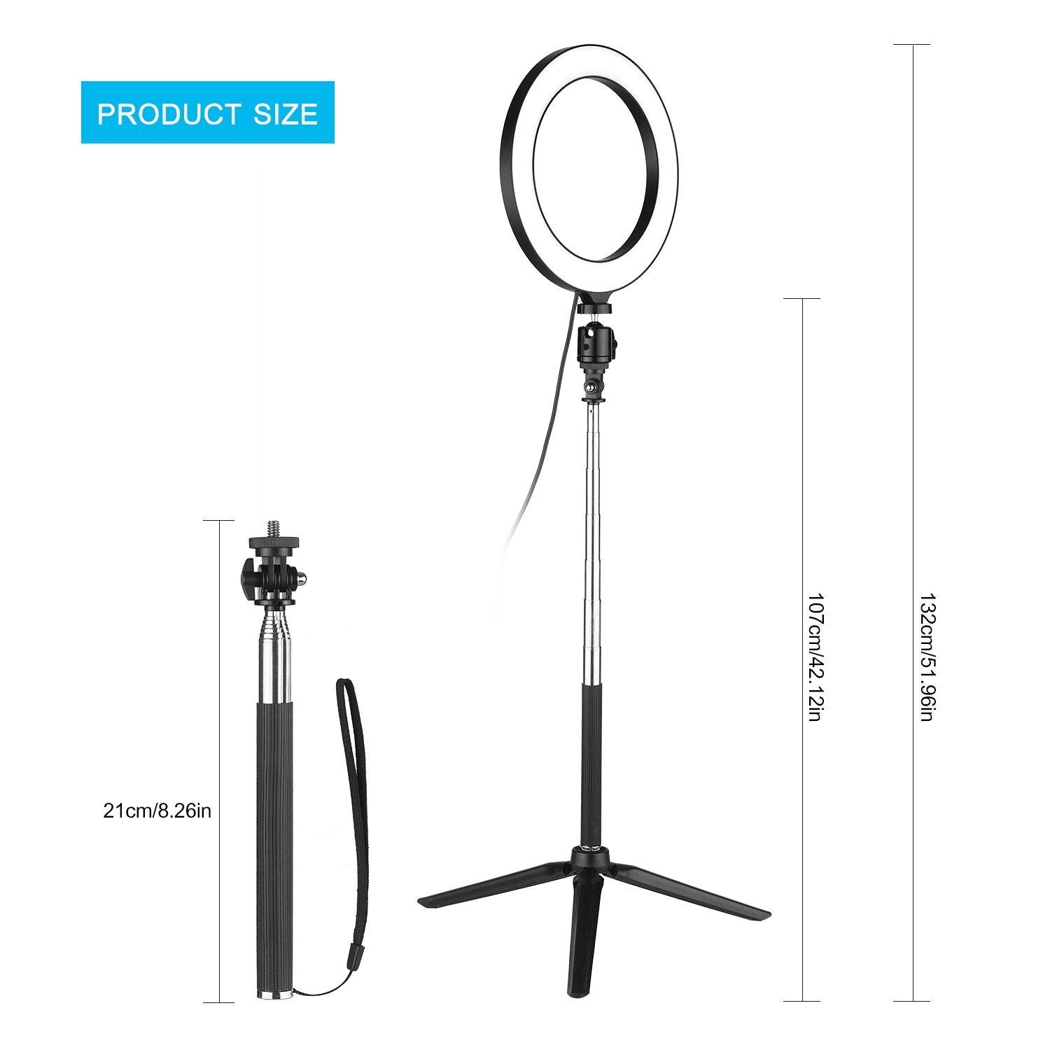 8inch Ring Light with Adjustable Tripod Stand Dimmable Selfie Makeup Ringlights for Video Live Stream Photography