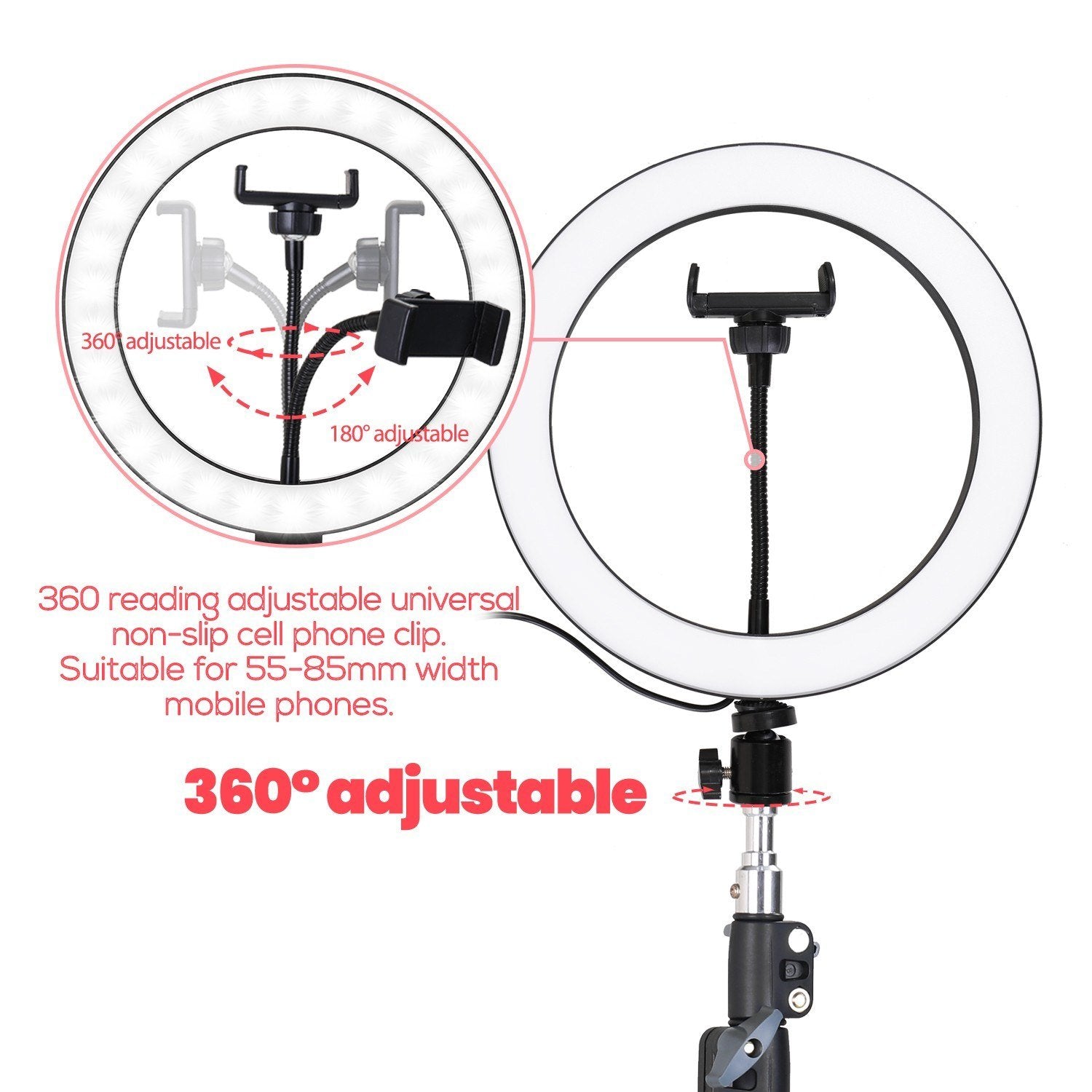Alloy Photography LED Selfie Ring Light Dimmable Photo Camera Phone Lamp with 1.6M Stand Tripod