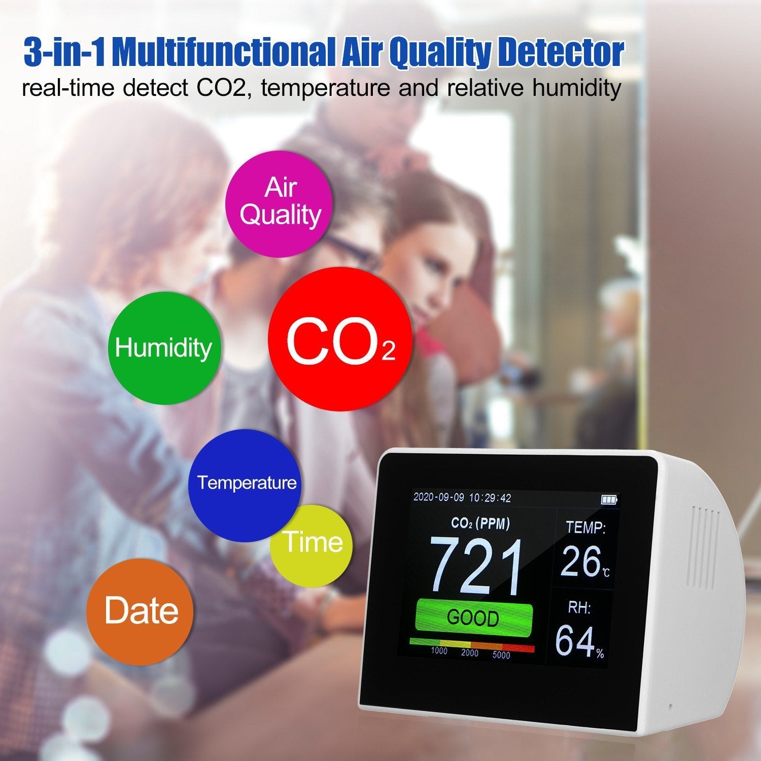 Desktop 3-in-1 Multi-functional Air Quality Detector CO2 Meter Tester 3.5-inch Digital Hygrothermograph