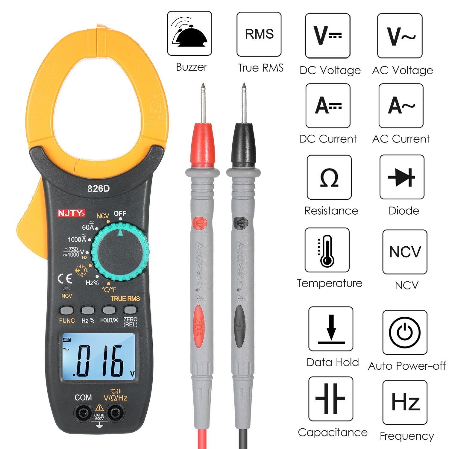 1000A AC Clamp Meter Auto Range 6000 Counts 1.9-inch LCD Digital True RMS NCV Type Universal