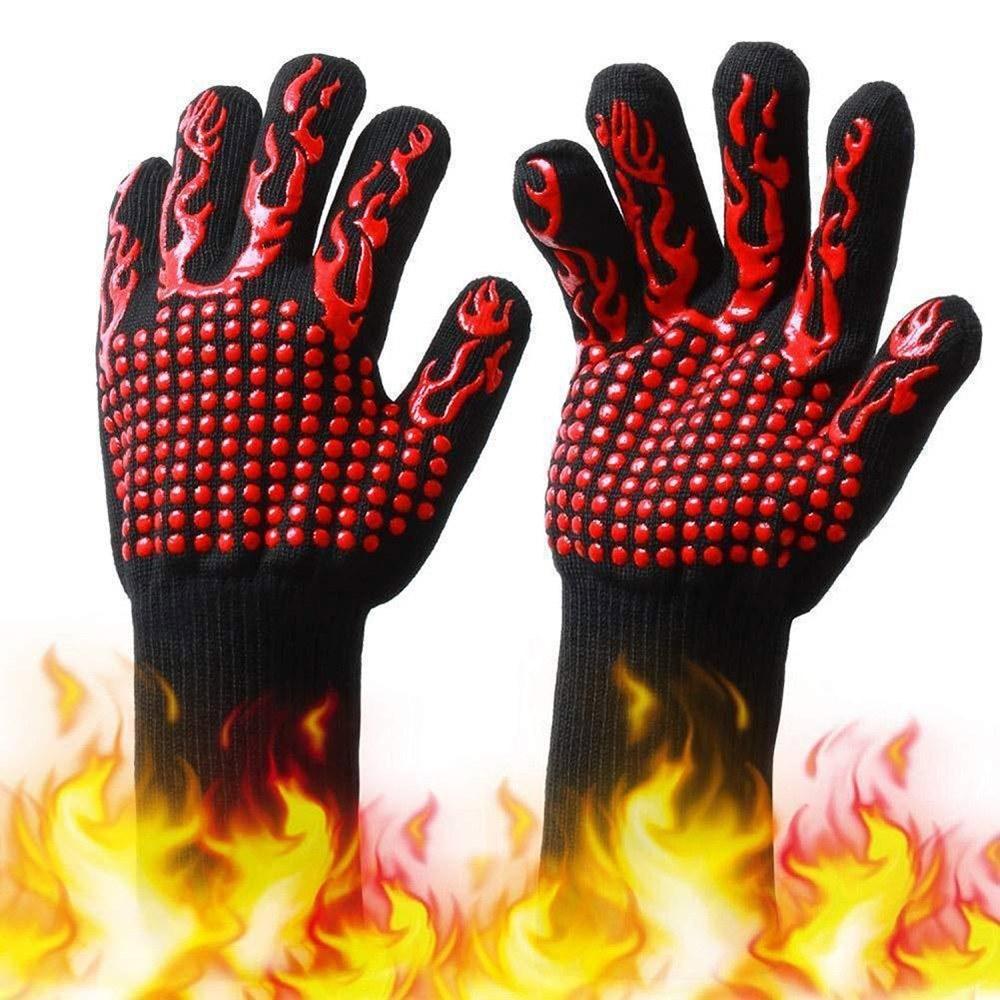 Barbecue Gloves with Silicone Anti-slip Stripe Heat Proof Oven 500~800℃ Resistant Grill