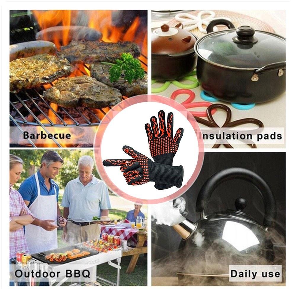 Barbecue Gloves with Silicone Anti-slip Stripe Heat Proof Oven 500~800℃ Resistant Grill