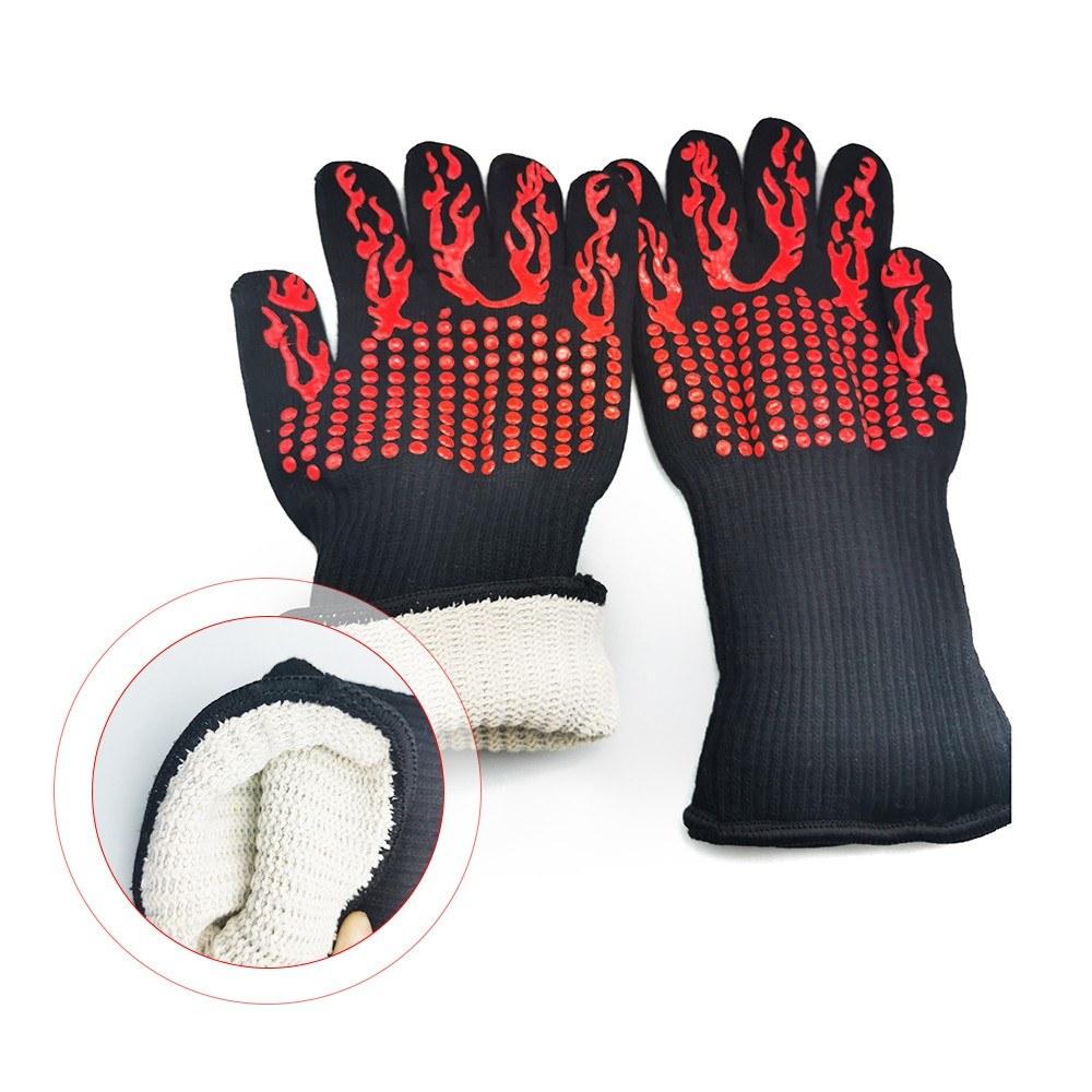 Barbecue Gloves with Silicone Anti-slip Stripe Heat Proof Oven 500~800℃ Resistant Grill