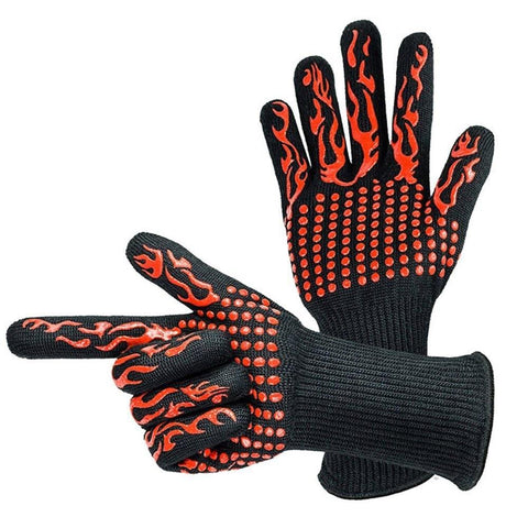 Barbecue Gloves with Silicone Anti-slip Stripe Heat Proof Oven 500~800℃ Resistant Grill