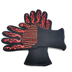 Barbecue Gloves with Silicone Anti-slip Stripe Heat Proof Oven 500~800℃ Resistant Grill