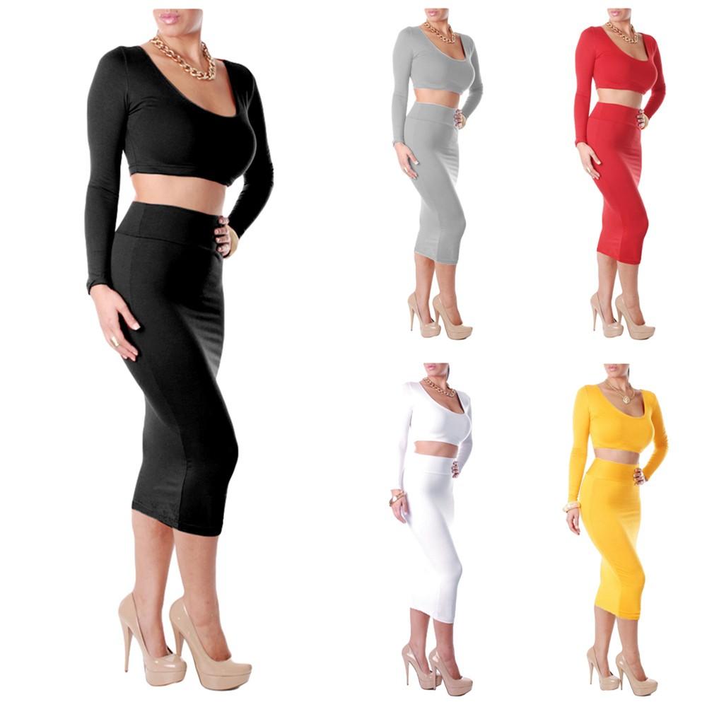 Sexy Women Two Pieces Long Sleeve Bodycon Crop Top Pencil Skirt Dress Twin Set Party Clubwear