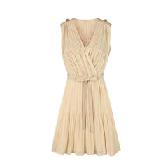 Women Pleated Chiffon Dress V-Neck Sleeveless Elegant Mini