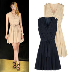 Women Pleated Chiffon Dress V-Neck Sleeveless Elegant Mini