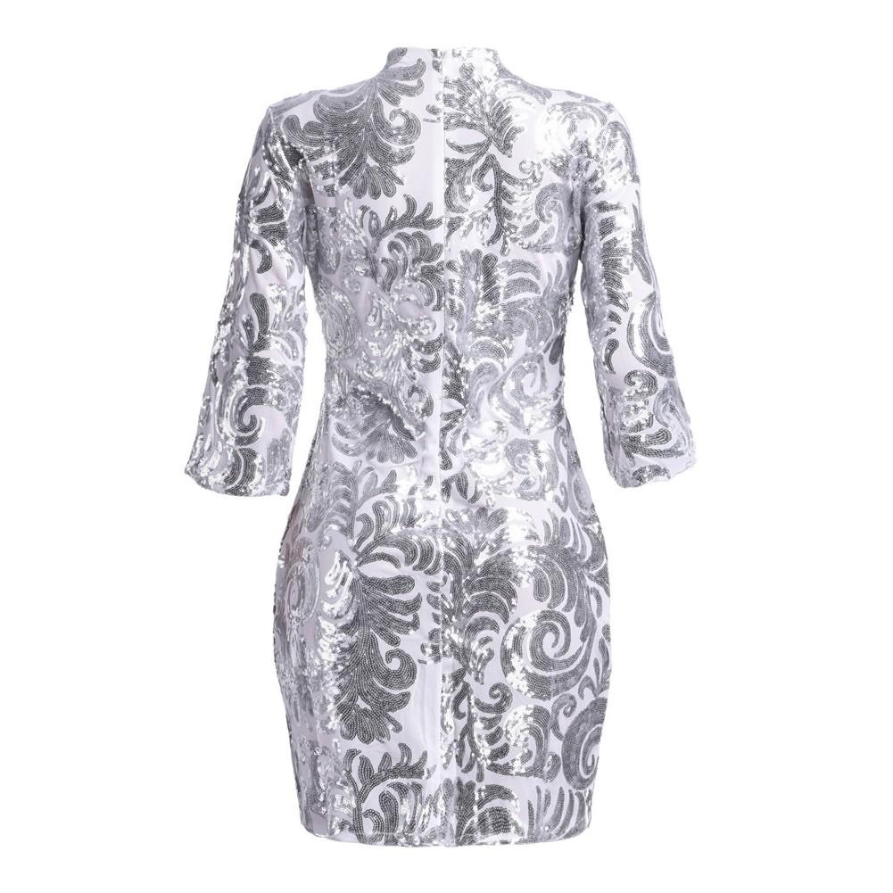 Women Sequin Mini Dress Half Sleeve O Neck Evening Party Club Elegant Bodycon Silver