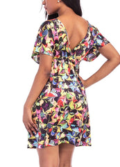 Women Print Mini Dress V Neck Short Sleeve Elastic Waist Summer Beach Pleated Plus Size