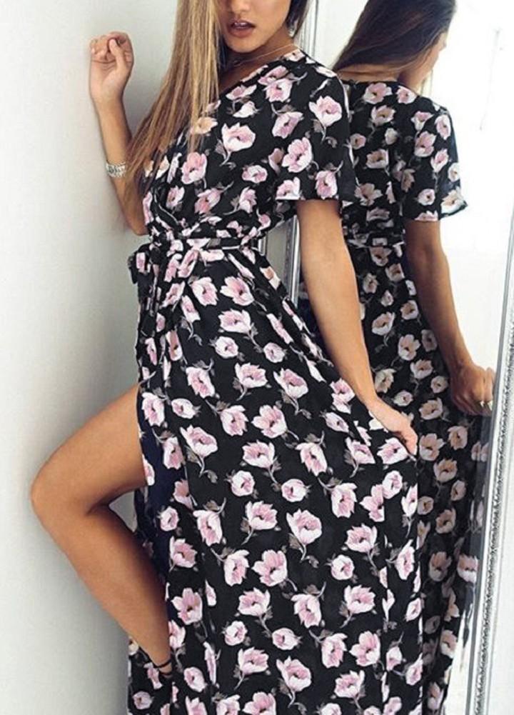 Women Chiffon Slim Long Maxi Dress Floral Print Deep V Split Short Sleeve