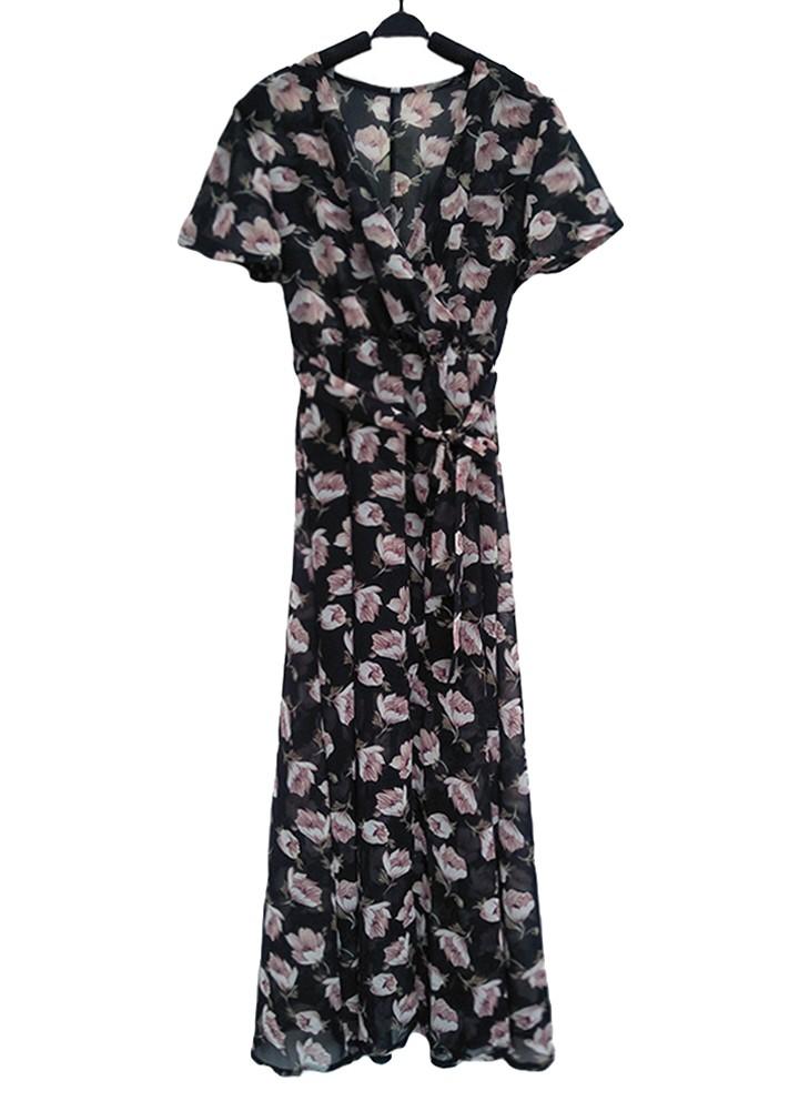 Women Chiffon Slim Long Maxi Dress Floral Print Deep V Split Short Sleeve