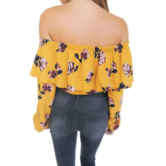 Women Floral Print Blouse Crop Top Off Shoulder Ruffles Lantern Long Sleeve Loose Yellow