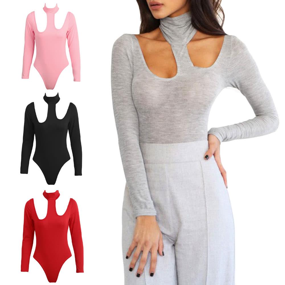 Women Jumpsuit Halterneck Long Sleeve Cutout Solid Night Club Party