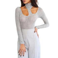 Women Jumpsuit Halterneck Long Sleeve Cutout Solid Night Club Party