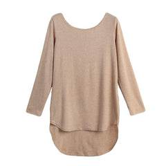Women T-shirt Solid Color O-Neck Long Sleeves High-low Hem Pullover Casual Blouse