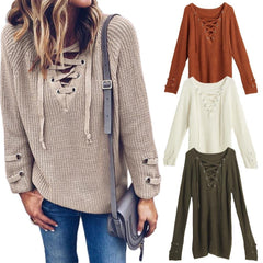 Women V Neck Knitted Sweater Striped Bandage Cross Ties Pullover Loose Casual Long Jumper