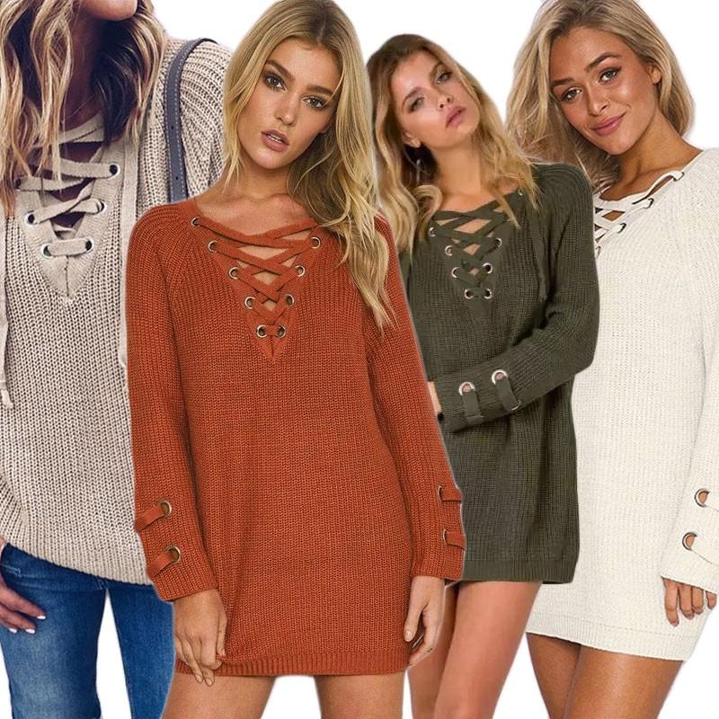 Women V Neck Knitted Sweater Striped Bandage Cross Ties Pullover Loose Casual Long Jumper