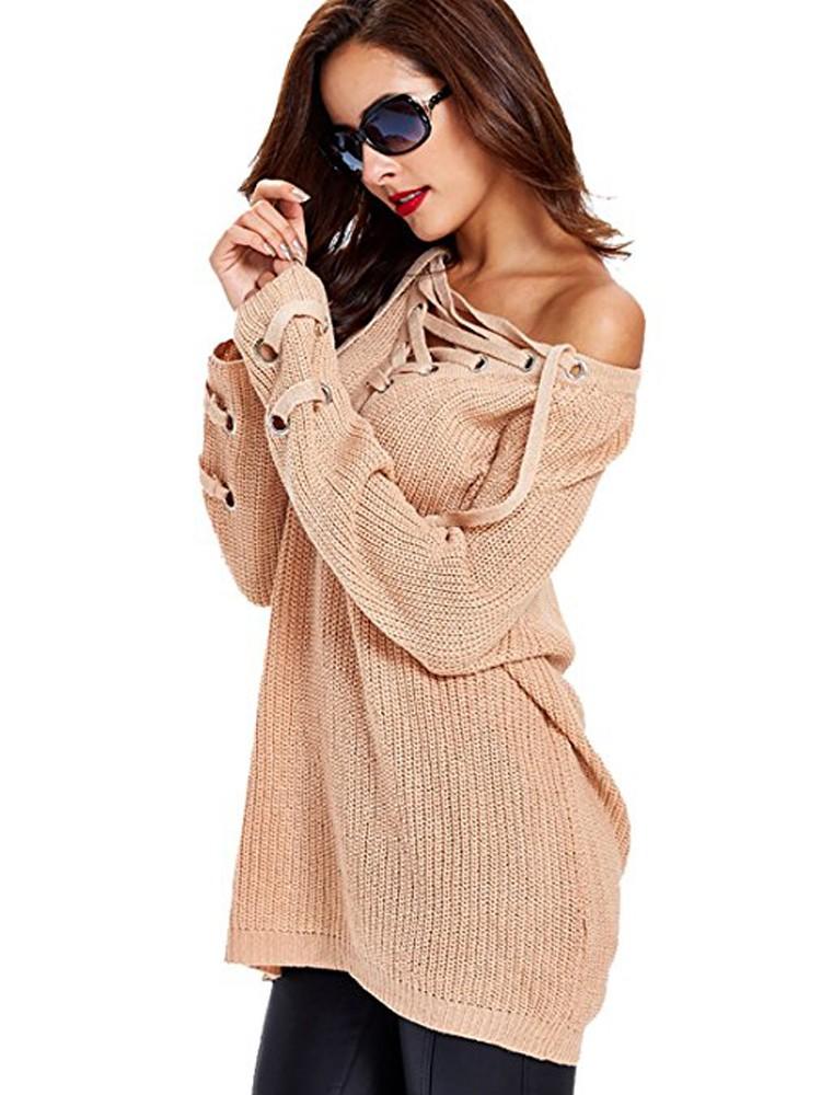 Women V Neck Knitted Sweater Striped Bandage Cross Ties Pullover Loose Casual Long Jumper
