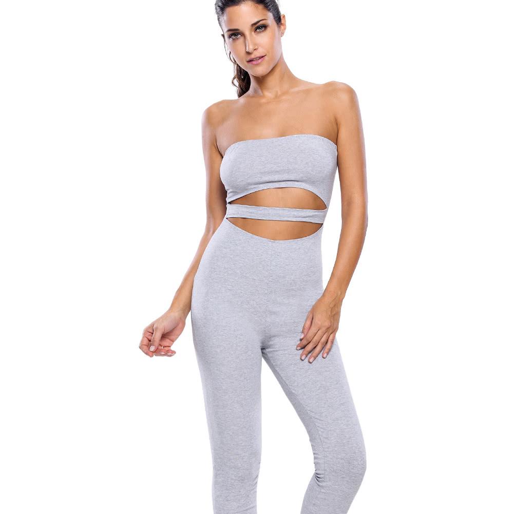 Women Rompers Capri Long Pants Cutout Strapless Fitness Bodycon