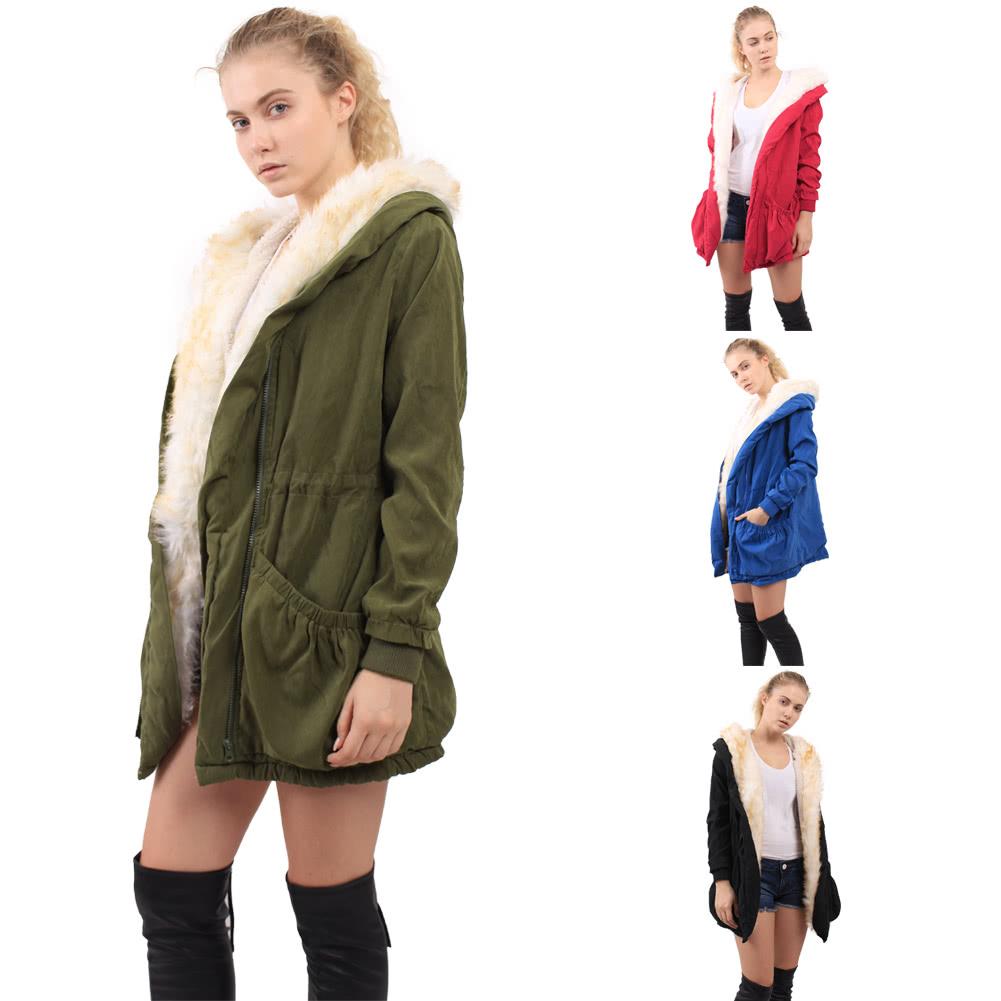 Women Hooded Coat Jacket Faux Fur Lining Collar Zip Drawstring Waist Pockets Long Thicken Parka Outwear