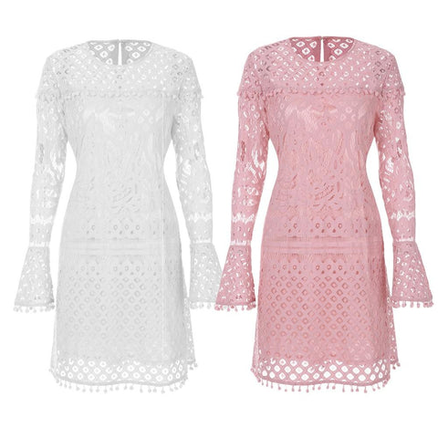 Women Mini Sheer Lace Dress Pom Trims O Neck Long Sleeve Lined Party