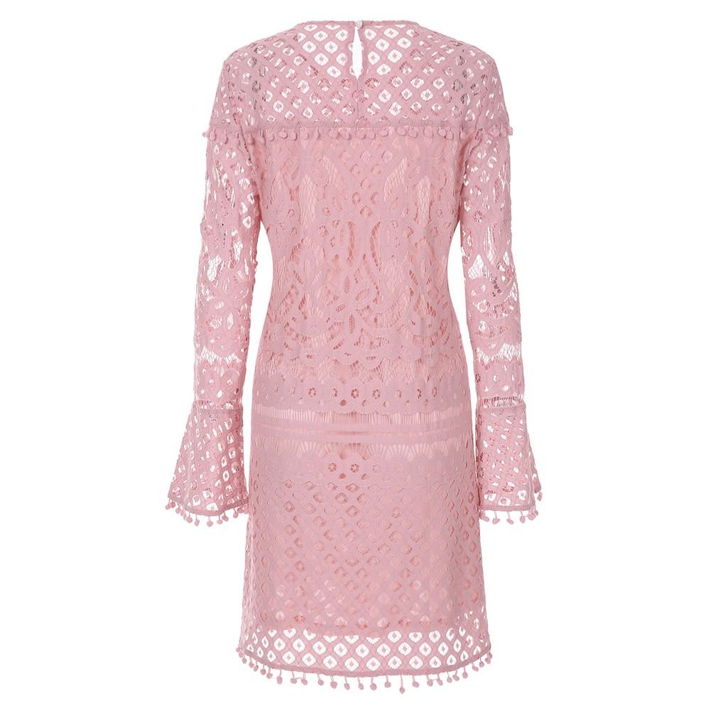 Women Mini Sheer Lace Dress Pom Trims O Neck Long Sleeve Lined Party