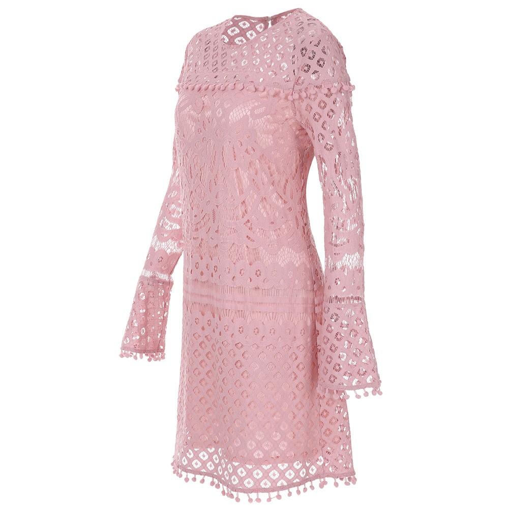 Women Mini Sheer Lace Dress Pom Trims O Neck Long Sleeve Lined Party