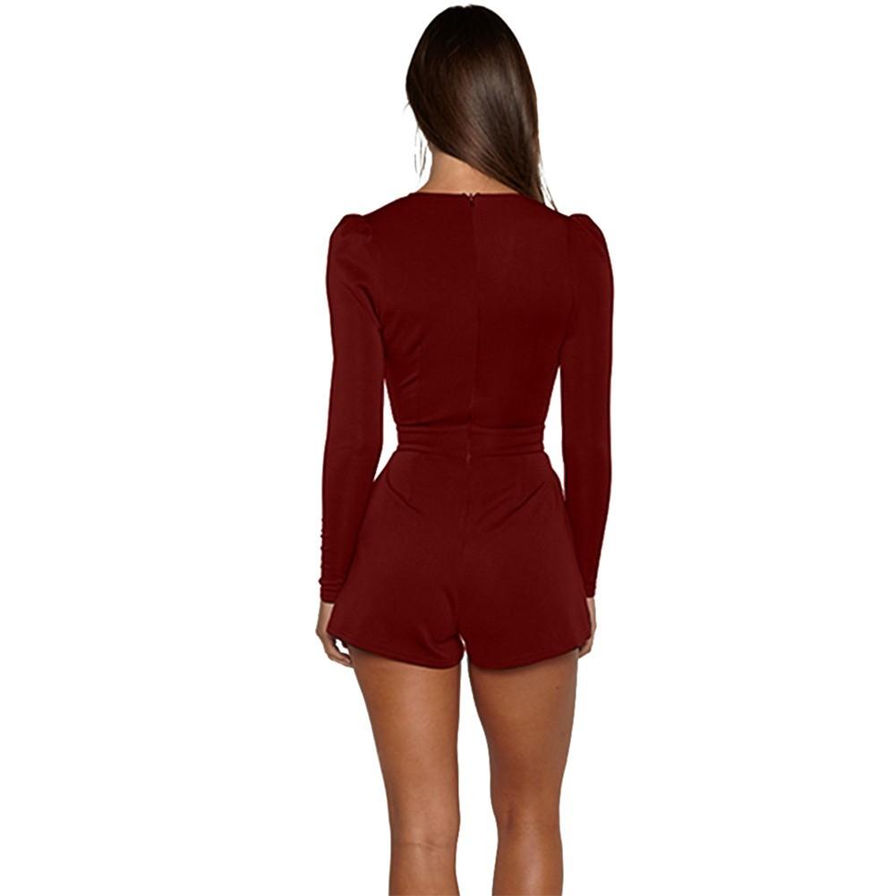 Sexy Women Jumpsuit Solid Color Plunge V Neck Long Sleeve Casual Slim Short
