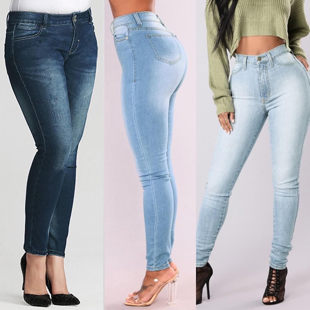 Women Skinny Denim Jeans Classic High Waist Washed Slim Pants Tights Pencil Trousers