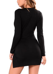 Women Deep V-Neck Mini Dress Twist Knot Side Slit Wraparound Style Long Sleeve Party Clubwear