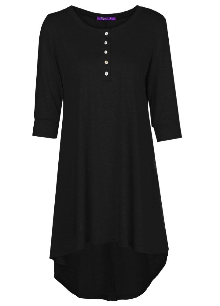 Women Long Tunic Top Basic T-Shirt Button Front O Neck Sleeve Irregular Hem Mini Dress