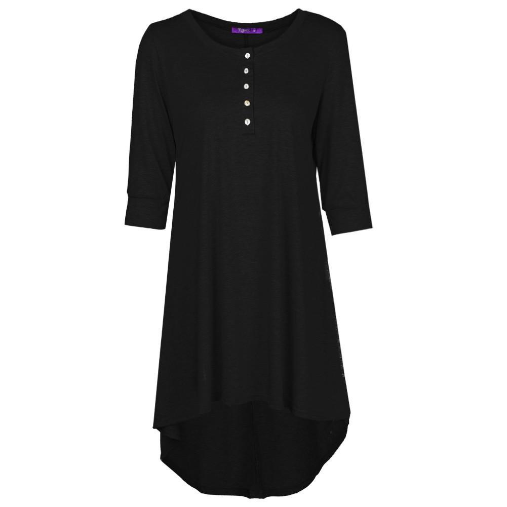 Women Long Tunic Top Basic T-Shirt Button Front O Neck Sleeve Irregular Hem Mini Dress