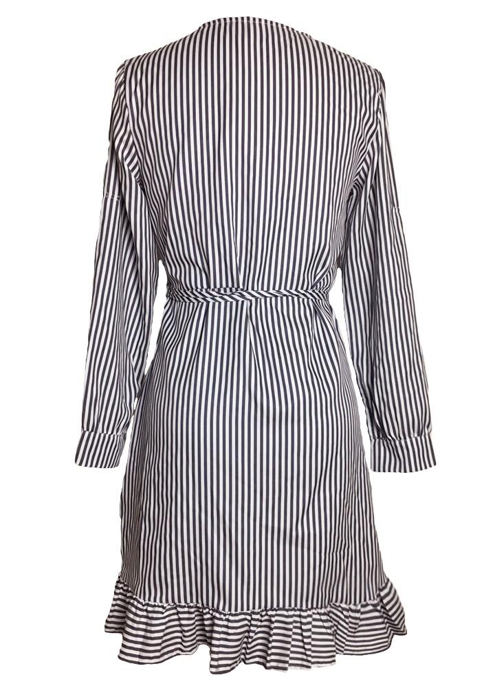 Women Casual One-Piece Dress Contrast Stripes Cross Over Deep V Drape Ruffle Long Sleeve