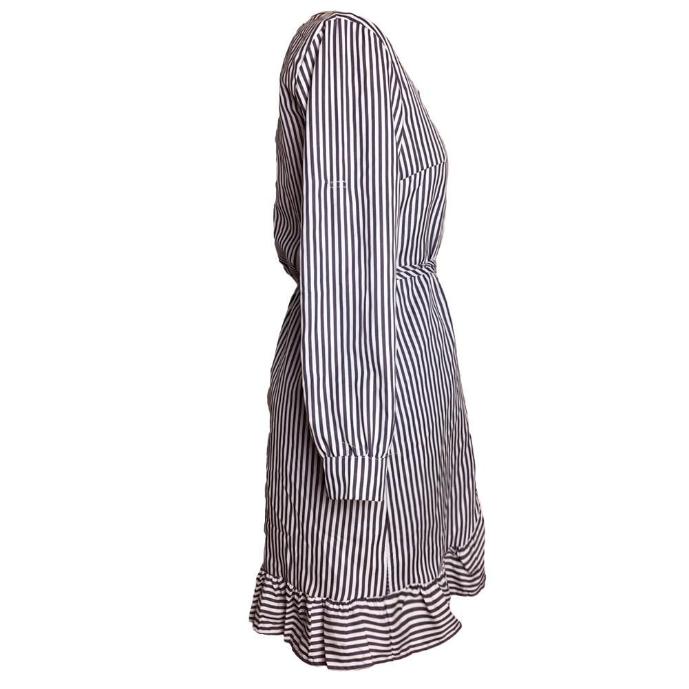 Women Casual One-Piece Dress Contrast Stripes Cross Over Deep V Drape Ruffle Long Sleeve