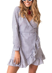 Women Casual One-Piece Dress Contrast Stripes Cross Over Deep V Drape Ruffle Long Sleeve