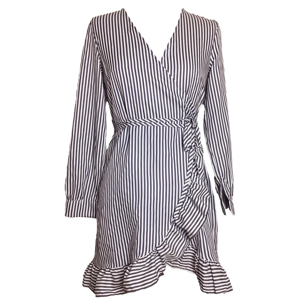 Women Casual One-Piece Dress Contrast Stripes Cross Over Deep V Drape Ruffle Long Sleeve