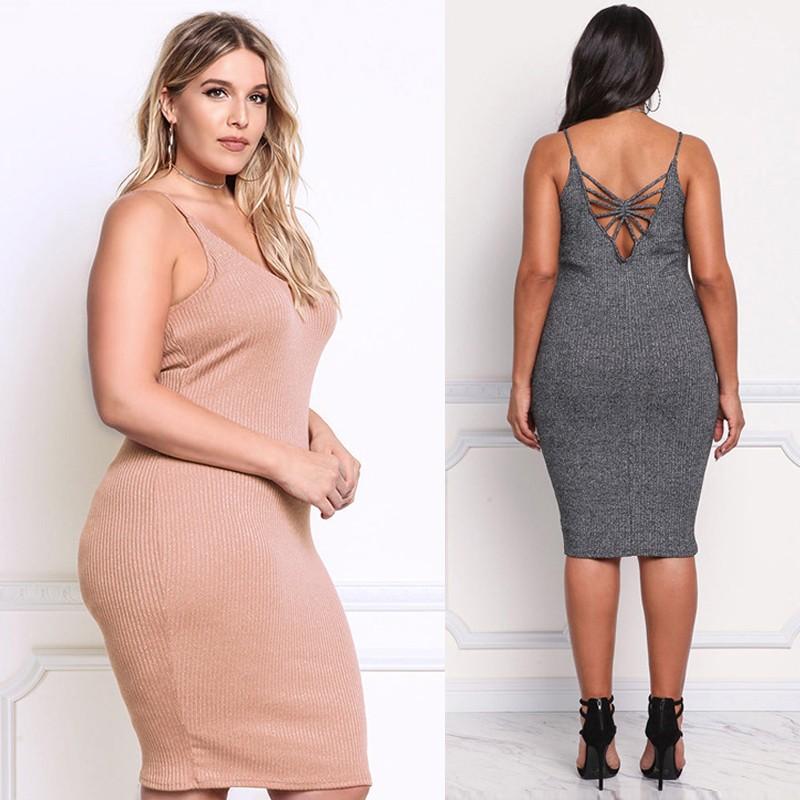 Sexy Women Knitted Slip Dress V Neck Sleeveless Solid Slim Bodycon Plus Size