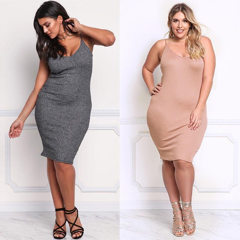 Sexy Women Knitted Slip Dress V Neck Sleeveless Solid Slim Bodycon Plus Size