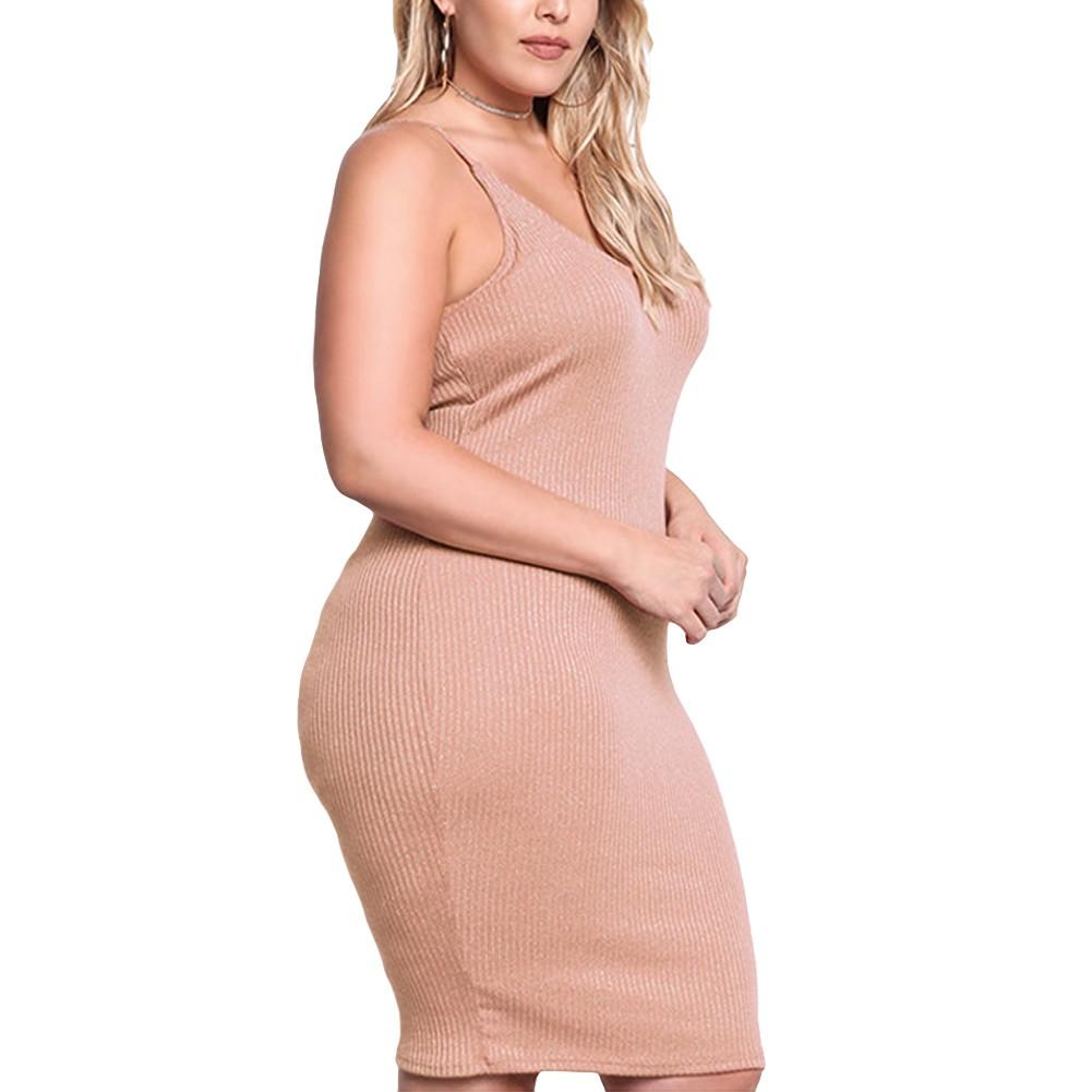 Sexy Women Knitted Slip Dress V Neck Sleeveless Solid Slim Bodycon Plus Size