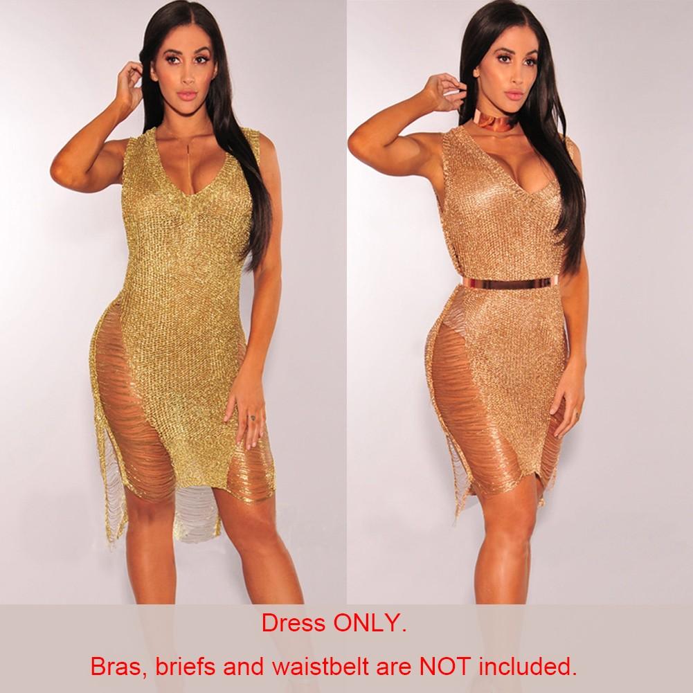 Women Hollow Out Knitted Dress Sleeveless Deep V Neck Sheer Club Party Dress