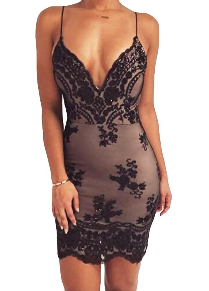 Women Sequined Bodycon Spaghetti Strap Dress Deep V Neck Backless Night Club Party