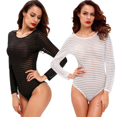 Women Sexy Bodysuit Semi-sheer Stripe Round Neck Long Sleeve Tights Rompers