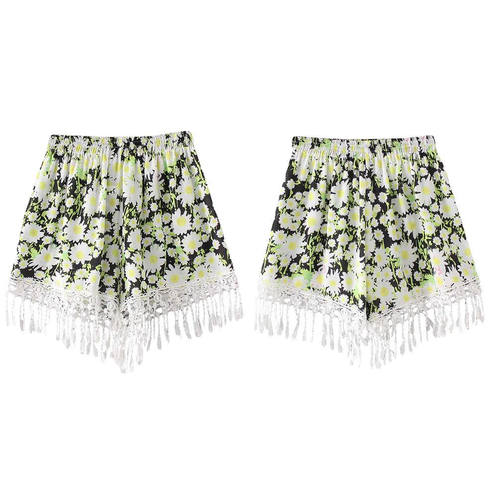 Women Summer Shorts Floral Print Tassel Loose Elastic Waist Casual Beach Hot Pants