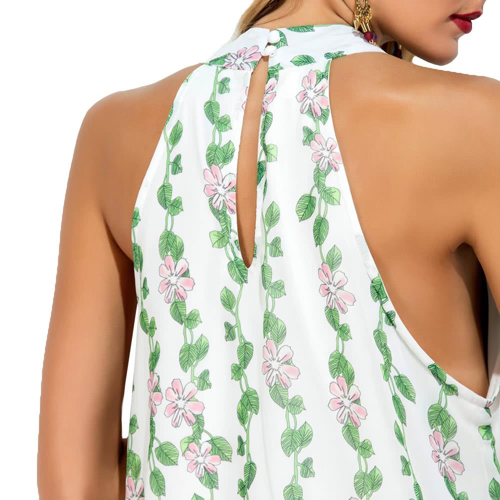 Women Chiffon Dress Choker Floral Leaves Print High Neck Sleeveless Loose Fresh A-line Mini Light
