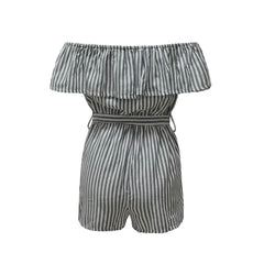 Sexy Women Off Shoulder Jumpsuit Vertical Striped Ruffles Waist Strap Summer Casual Short Playsuit