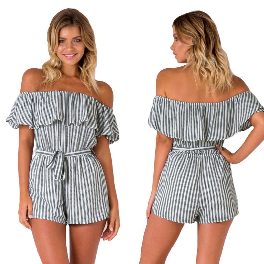 Sexy Women Off Shoulder Jumpsuit Vertical Striped Ruffles Waist Strap Summer Casual Short Playsuit