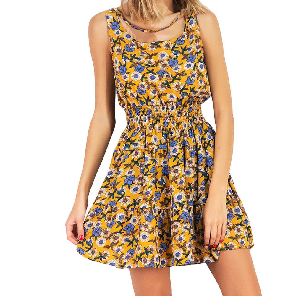 Summer Women Chiffon Floral Mini Dress Elastic Waist Sleeveless Party