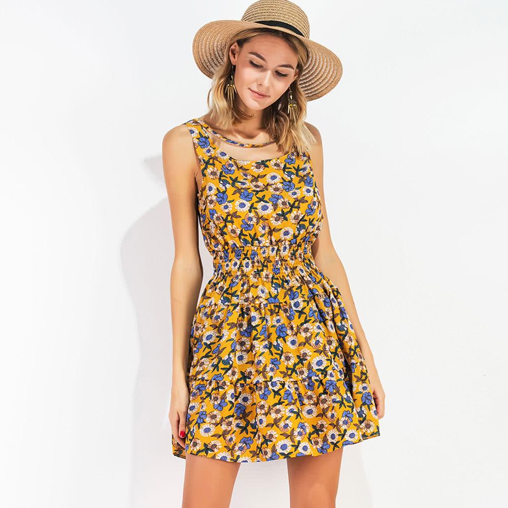 Summer Women Chiffon Floral Mini Dress Elastic Waist Sleeveless Party